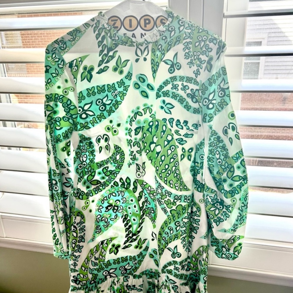 Gently loved STAUD Carolina Butterfly Paisley Green & White Cotton Mini Dress - Picture 6 of 6